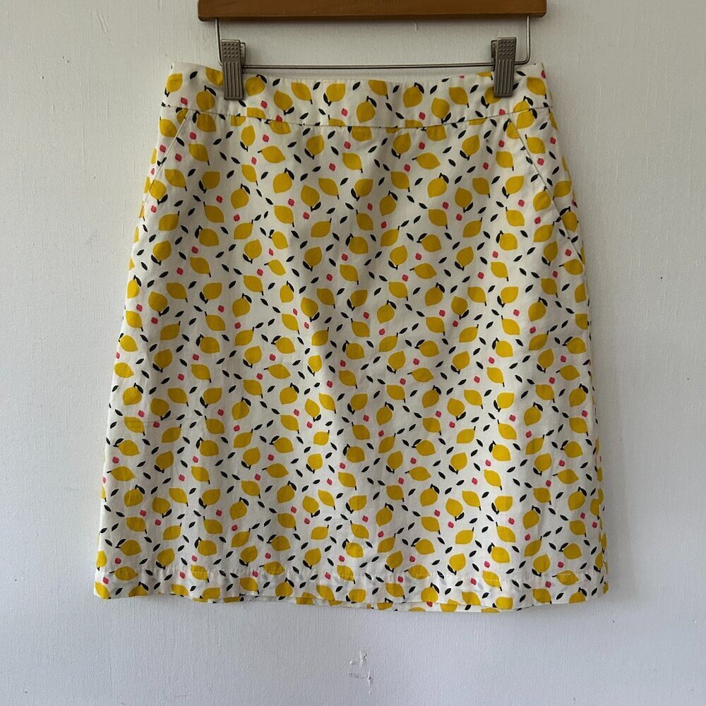 Boden Lemon Print Skirt Womens 6 Petite Pockets Lined Cotton A-Line Preppy Luxe